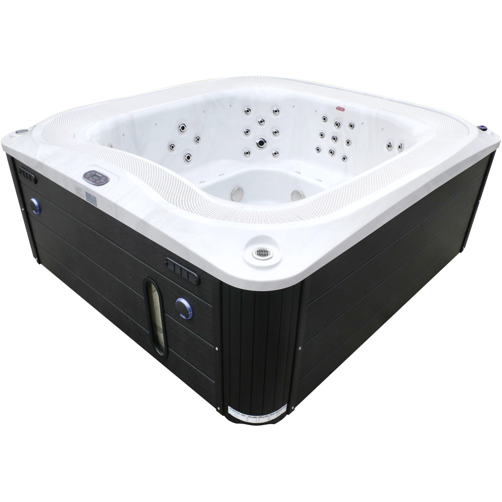 Переливной гидромассажный бассейн Aquajoy Serenity (250х230х96 см), серебристо-белый мрамор, черный корпус
