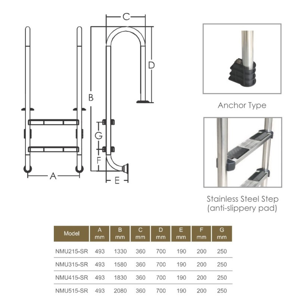 Лестница для бассейна Emaux Muro NMU415-SR (4 ступени), AISI-304