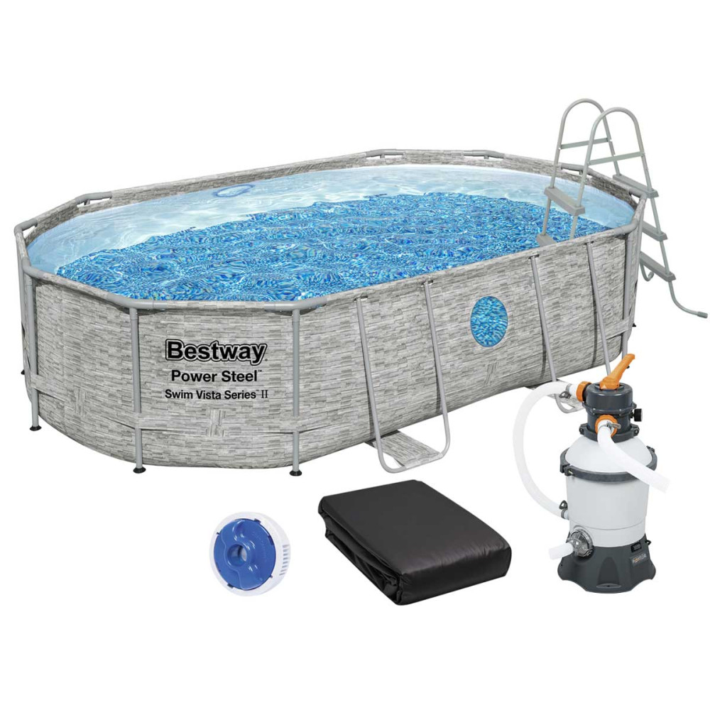 Каркасный бассейн Bestway 56946 (488х305х107 см) с песочным фильтром, лестницей и защитным тентом.