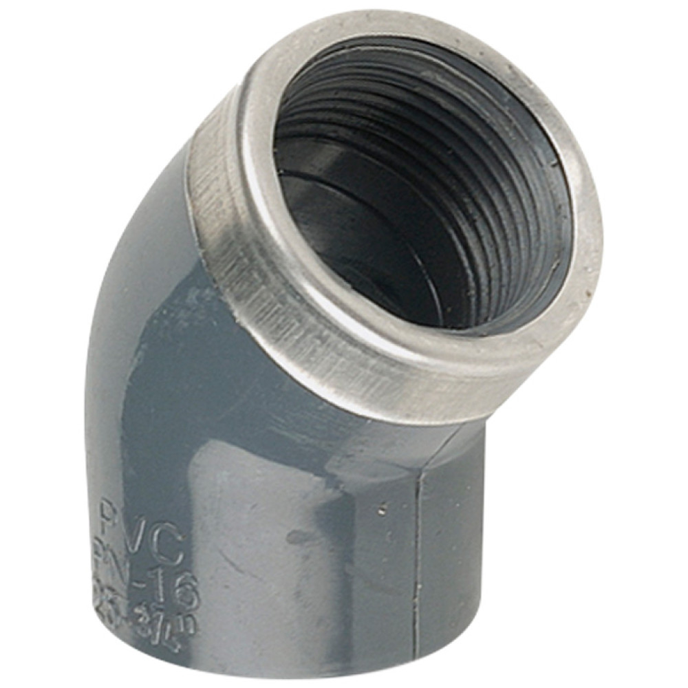 Колено переходное 45° ПВХ Hidroten 1002176, металлическое кольцо, d75 мм, 2 1/2"