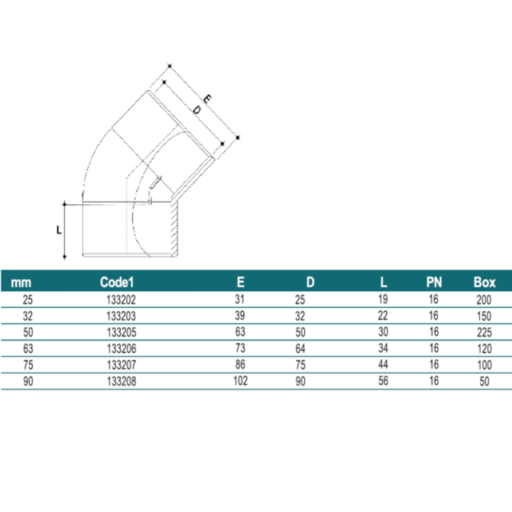 Колено 45°/63мм, PN16, Fitvalf 133206