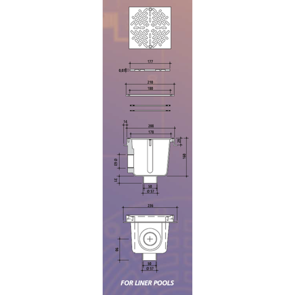 Донный слив под лайнер 90мм, латунные вставки, квадратный PG-04242A3B