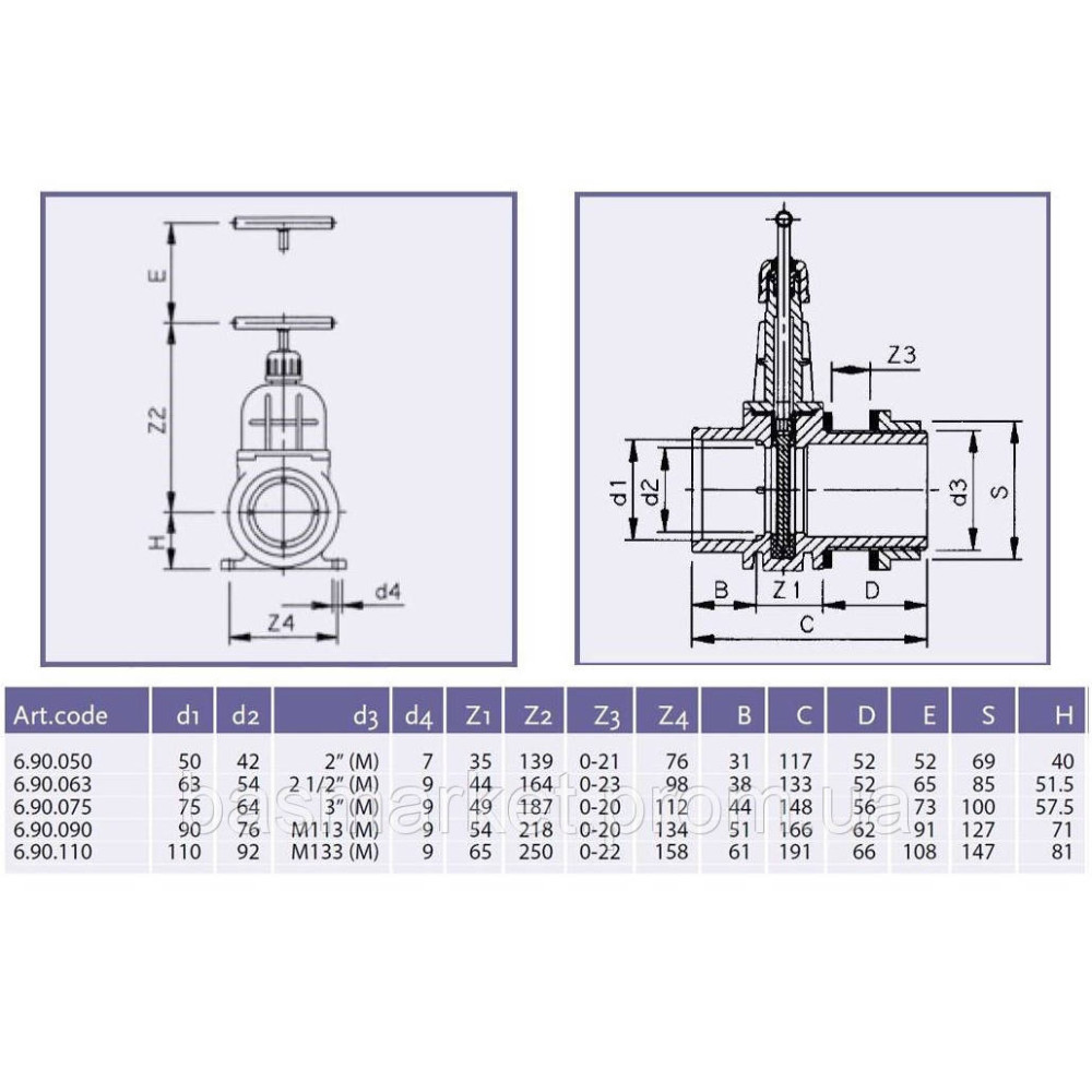 Задвижка 63 мм с резьбовым зажимом 6.90.063
