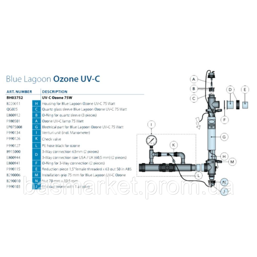 Комплект лампы Blue Lagoon UV-C, 75 Вт с озонатором BH03752